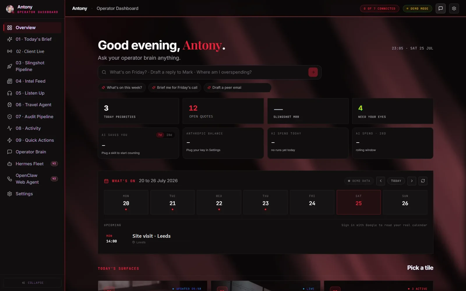 The operator dashboard home: priorities, open quotes, spend counters and the week ahead, running in demo mode